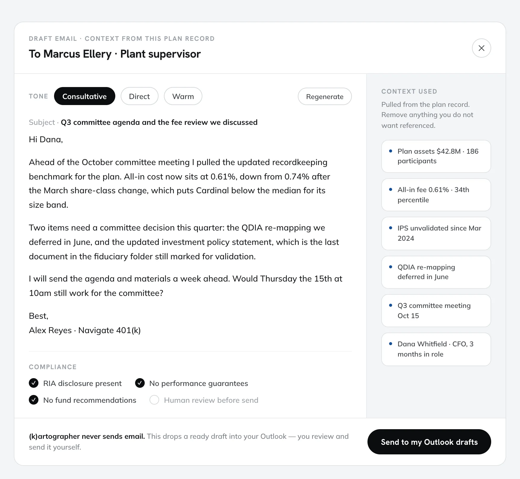 Email draft pre-filled with plan-specific context for a servicing request