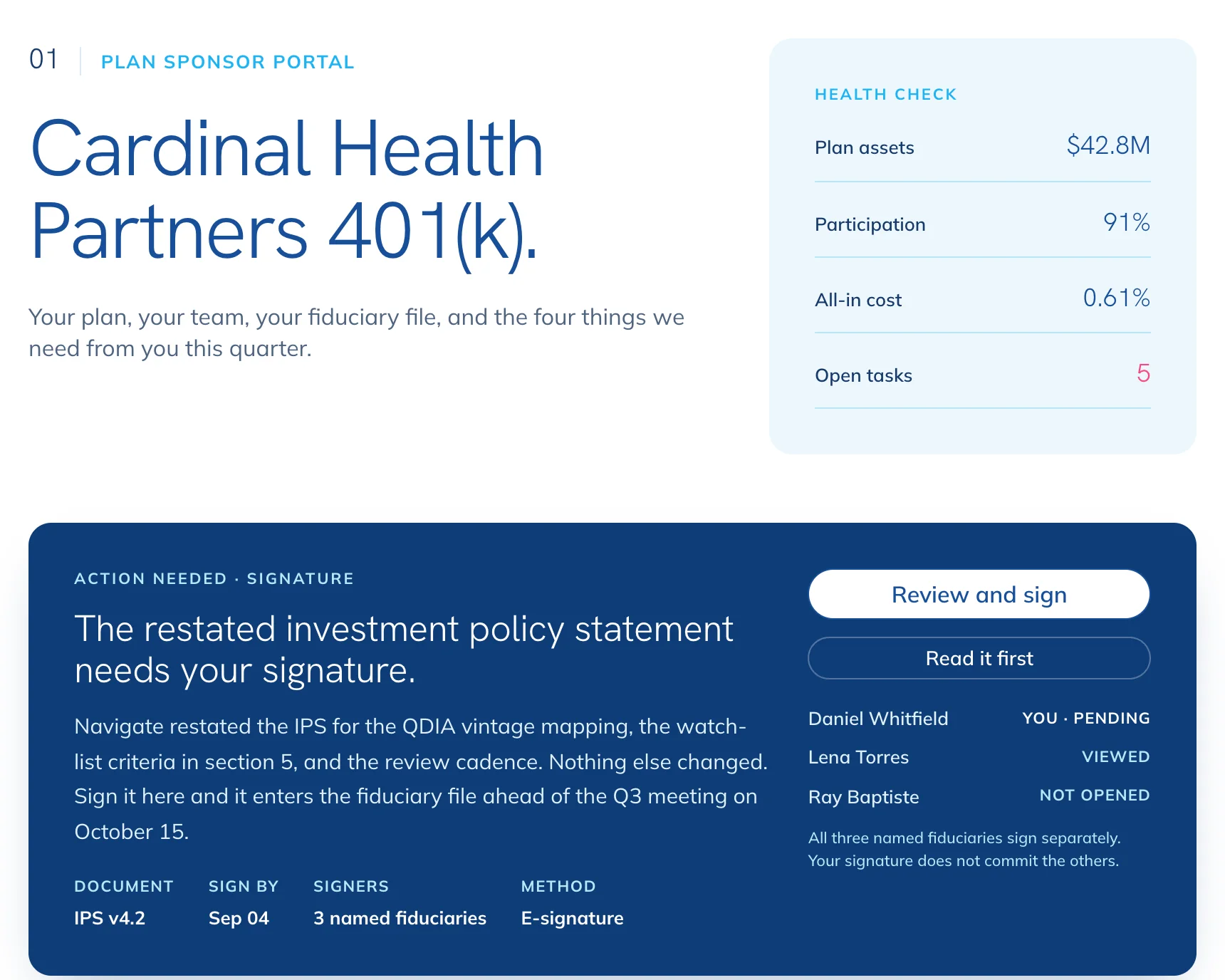 Plan sponsor portal showing plan health and open actions